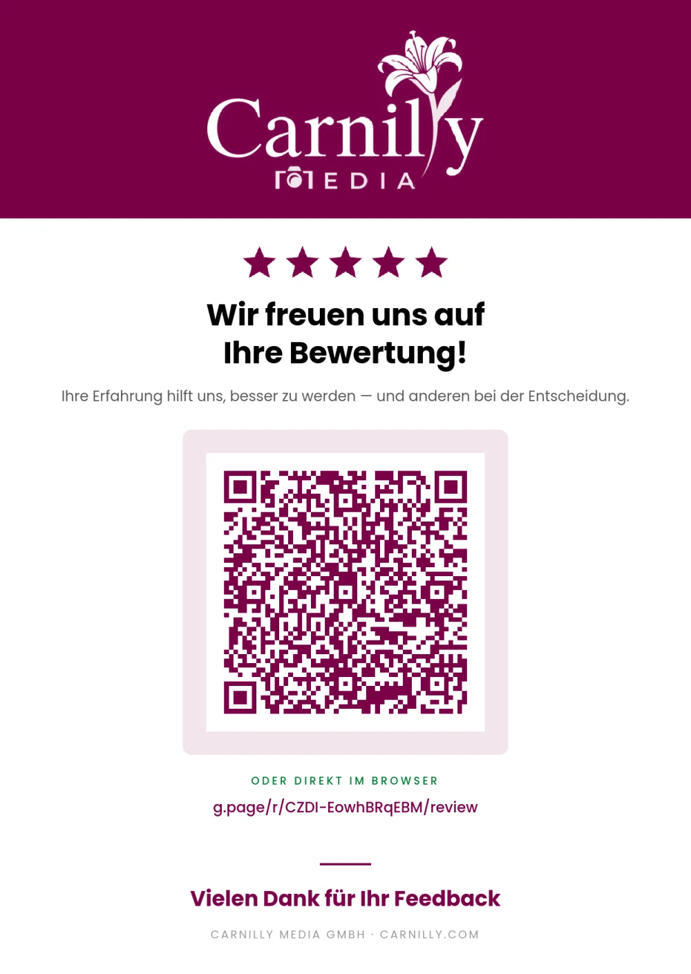 Bewertungskarte von Carnilly Media mit QR-Code zur Google-Bewertung